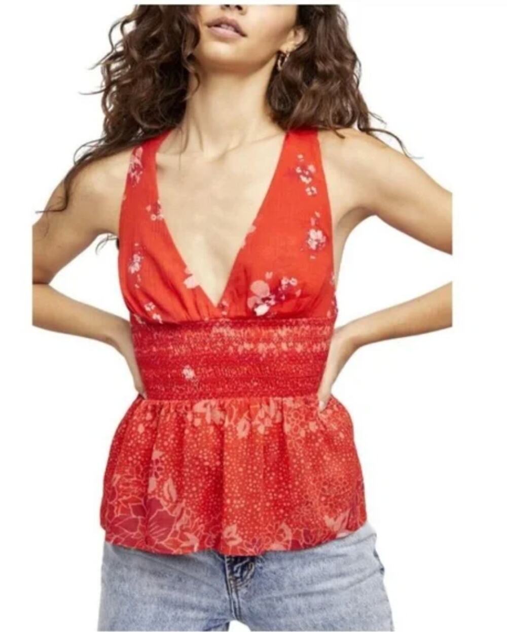 Free People Bright Red Floral V-Neck Smocked Peplum Tank
